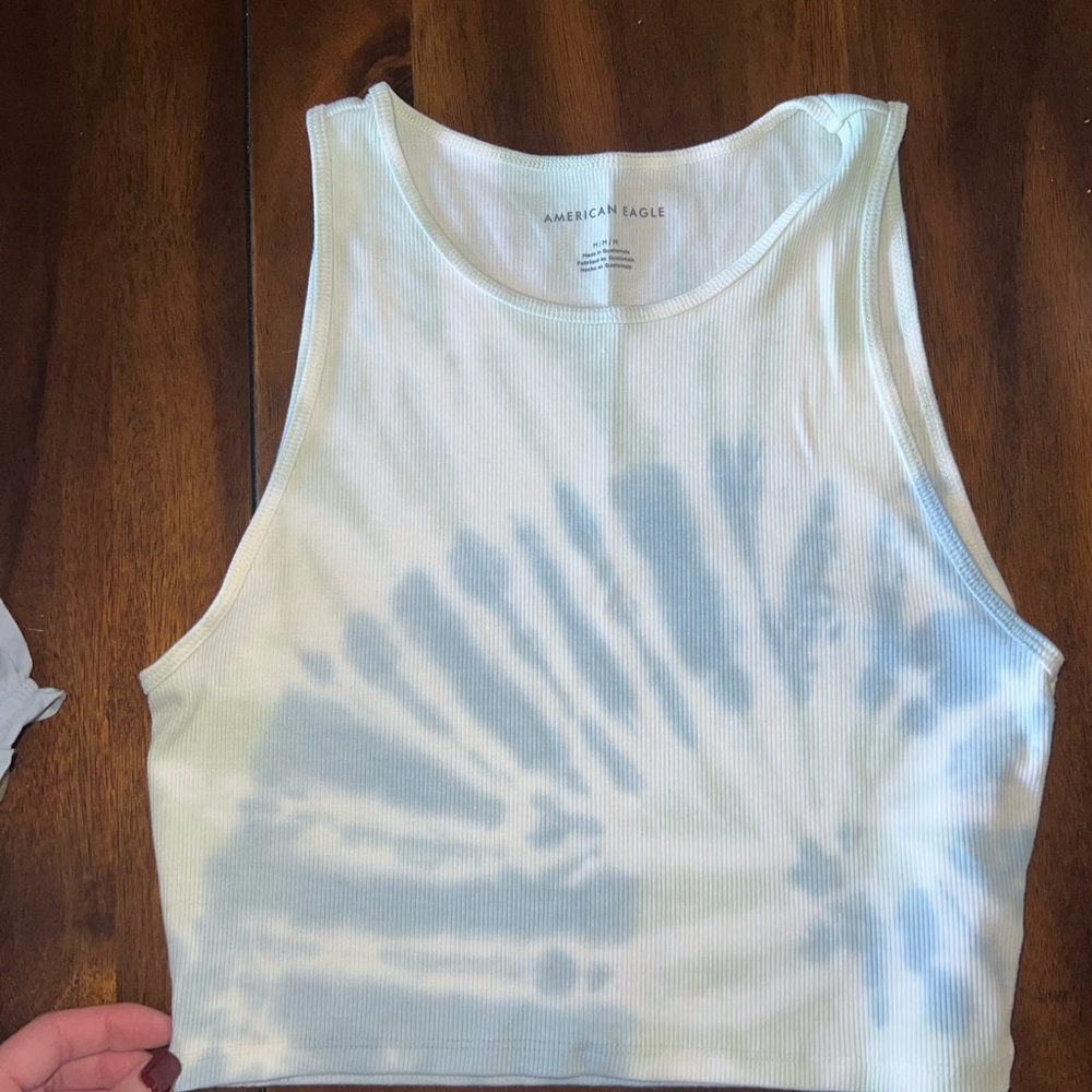 American Eagle Outfitters White and Blue Tie-Dye Tank Top